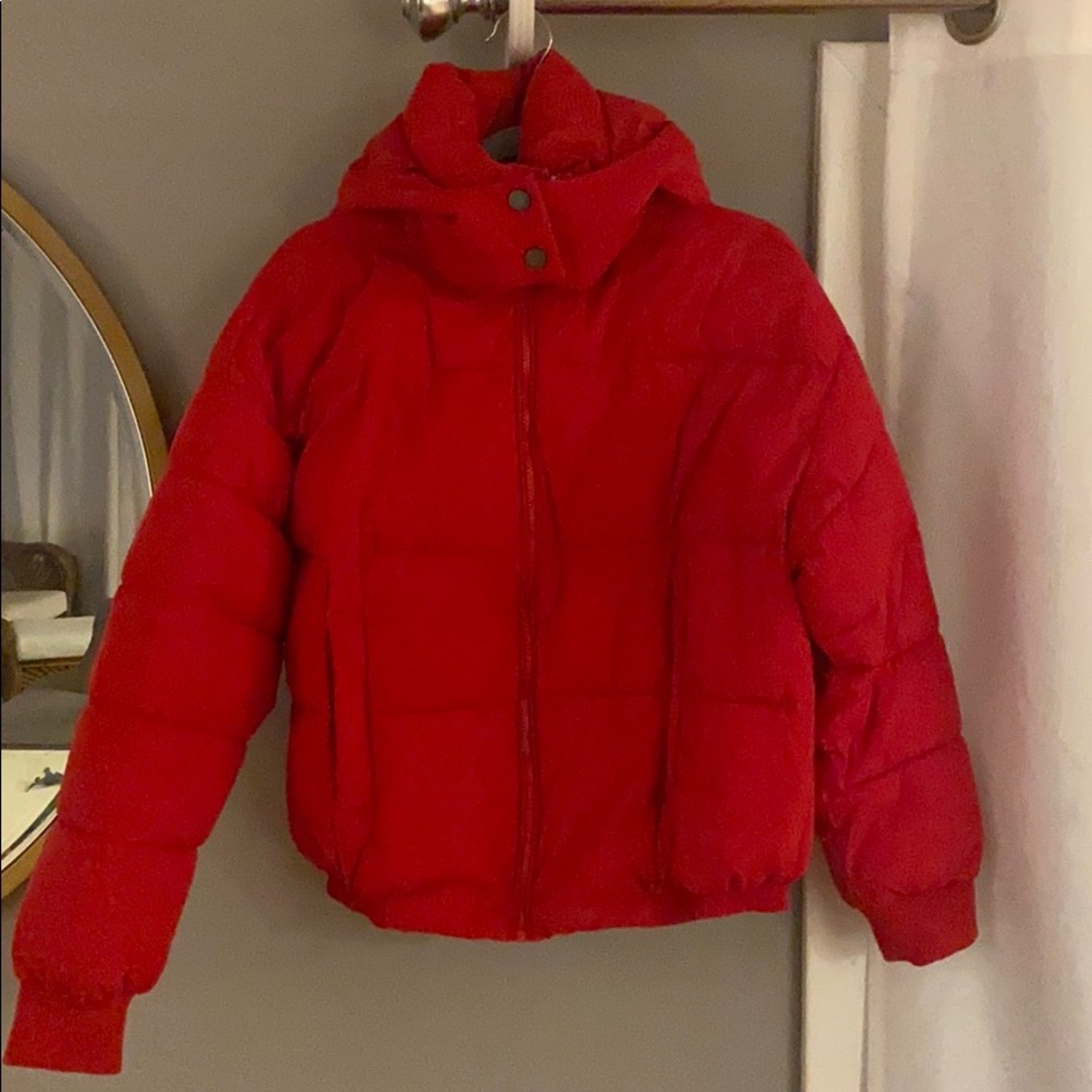 Red Lucky Brand puffer coat.